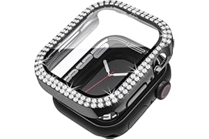 Mugust Compatible for Apple Watch Case Built in Tempered Glass Screen Protector 45mm Series 9 8 7 Crystal Diamond Rhinestone Bumper Bling Cases iWatch Protective Cover for Women Girls, Black