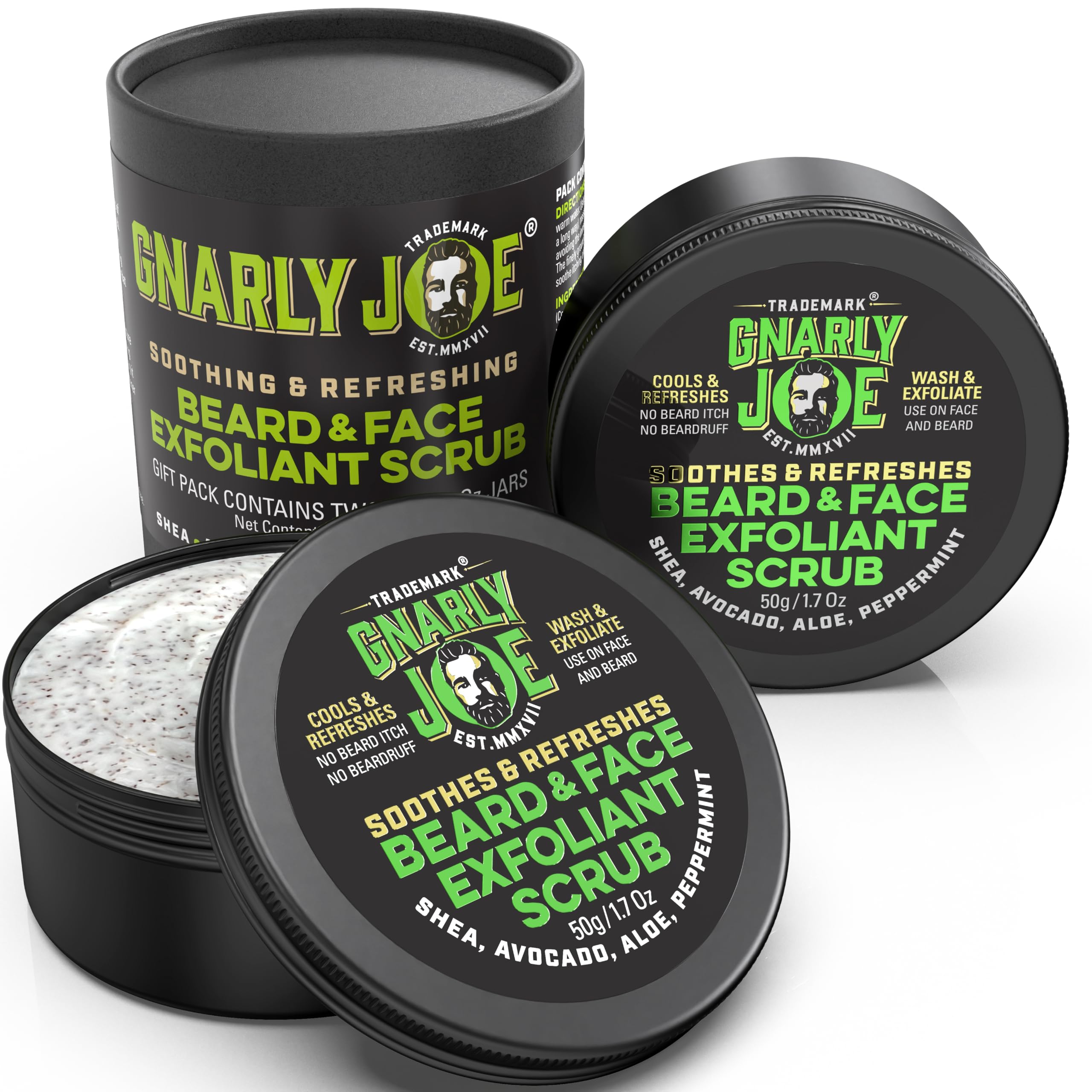 Gnarly Joe Beard Exfoliator Face Scrub for Men - Peppermint Dual Action Wash - 2 x 50g Mens Facial Scrub Gift Pack - Exfoliating Face Wash for Beard Dandruff, Dry Skin & Itch - Made in UK — image 1