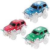 PicassoTiles 3 pcs Magnetic Toy Car Set Light Up LED Highly Detailed Compatible with Magnet Race Track STEM Truck Replacement