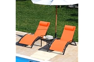 AthLike 3pcs Poolchairs Patio Chaise Lounge Set with Headrest, 5-Level Adjustable Sunbathing Tanning Poolside Lounger Recliner Chairs with Side Table for Outdoor Beach (Orange, 2 Chairs and 1 Table)