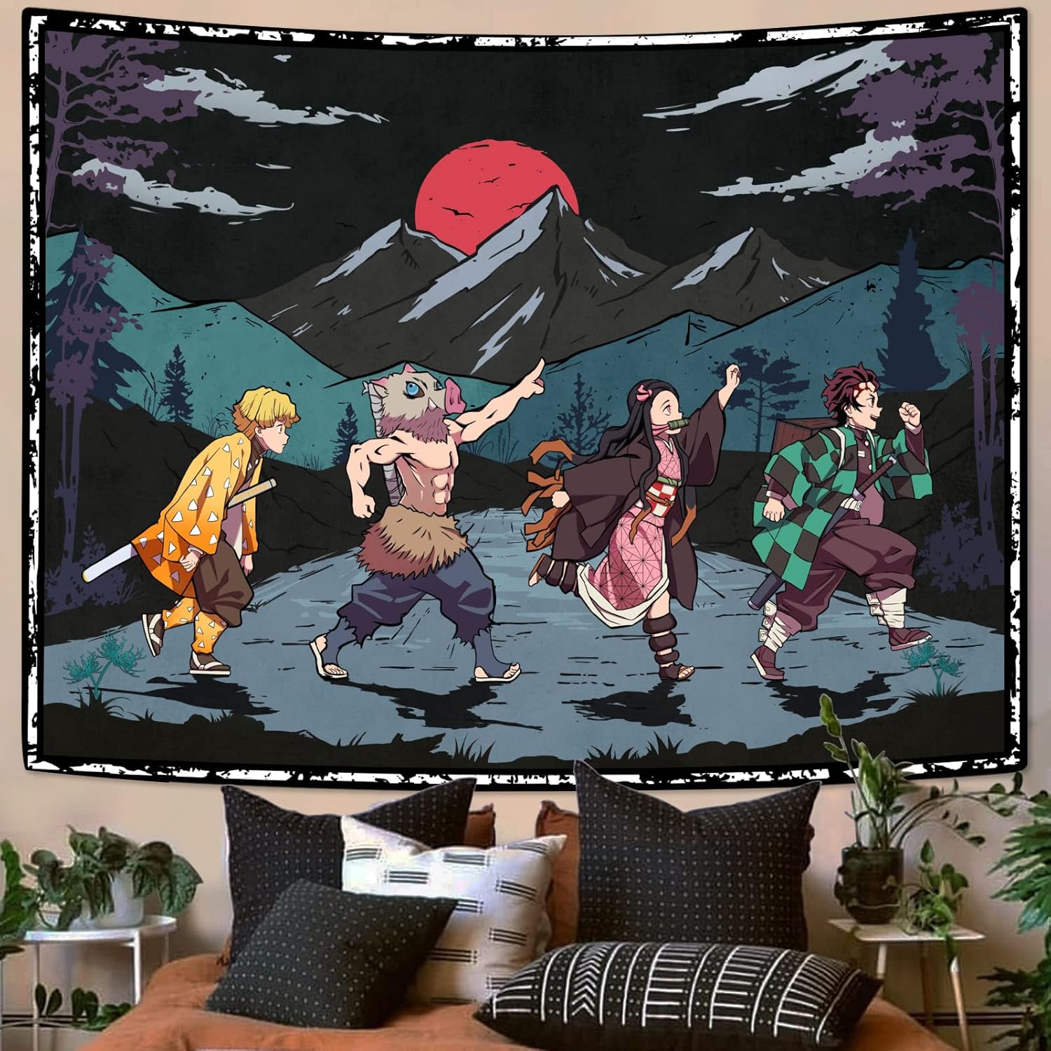 Tapestries - Zussun Anime Tapestry Mountain Sun Tapestries for Bedroom Aesthetic Poster Backdrop Decor Nature Forest Wall Tapestry for Living Room Dorm (Black, 48'' x 36'')