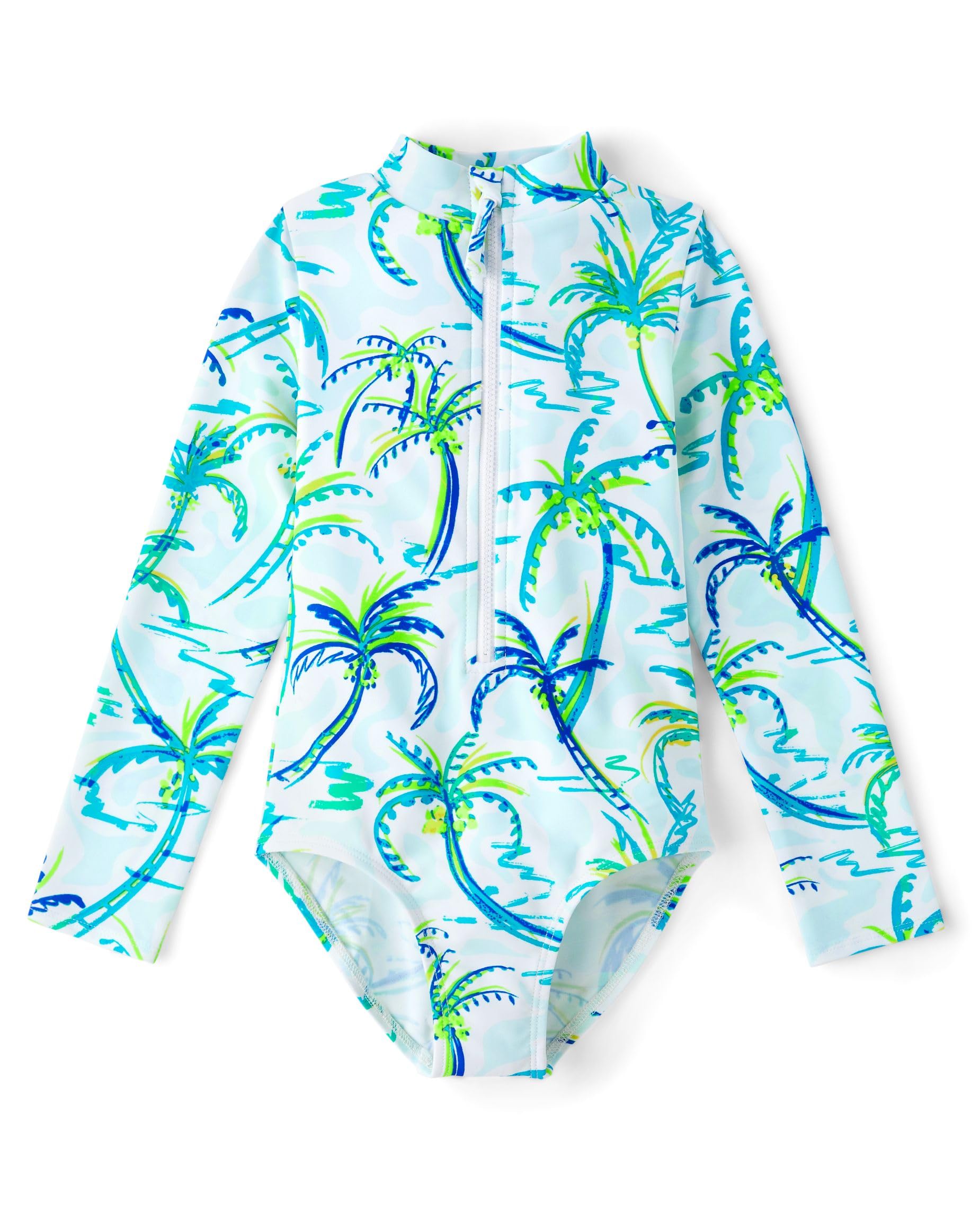 Gymboree,Girls,and Toddler Long Sleeve Rashguard One Piece Swimsuit,White Palm Trees,12