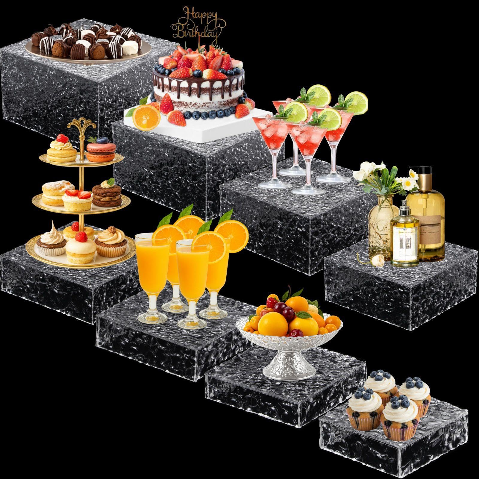 Photo 1 of Geelin 8 Pack Acrylic Cube Risers Acrylic Boxes for Food Display Decorative Stands with Hollow Bottoms for Jewelry Food Buffet Risers Display Candy Table Decor, 8 Sizes (Clear,Wave)