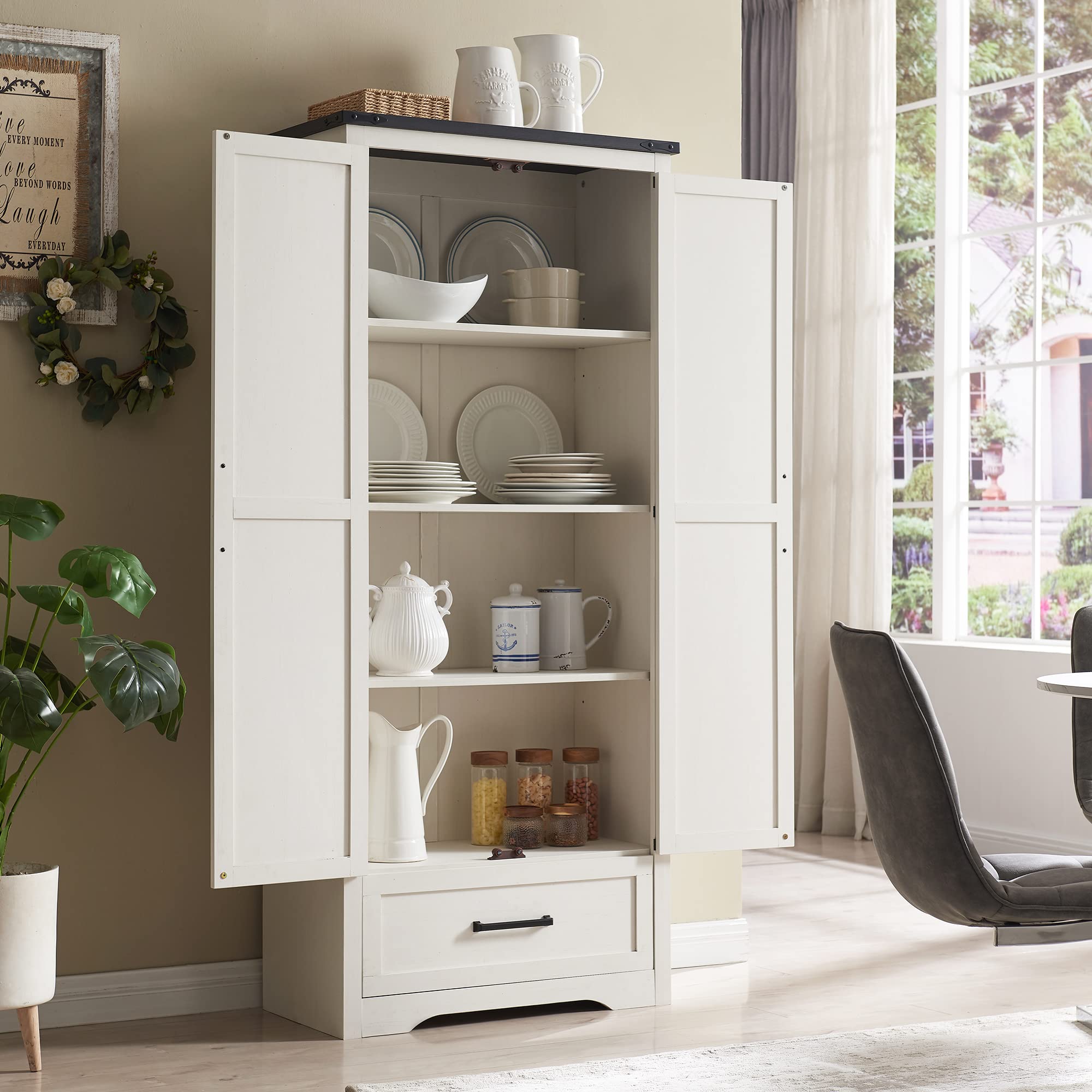 Photo 1 of ****REFERENCE PICTURE NOT THE SAME AS ITEM****GREY****XIASLO 72" Tall Wood Storage Cabinet, Farmhouse Kitchen Pantry Cabinet with Adjustable Shelves & Drawer & Barn Doors, Versatile Storage for Kitchen, Dining Room, Bathroom, Antique White MISISNG MANY PA
