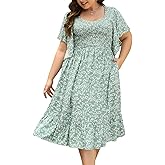 Keluummi Plus Size Wedding Guest Midi Dress for Curvy Women, Summer Casual Boho Floral Empire Waist Party Dress with Pockets