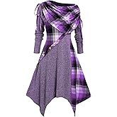 ROSE GAL Womens Plus Size Skew Collar Foldover Cinched Plaid Panel Handkerchief Hem Midi Long Sleeve Ribbed Knitted Dress