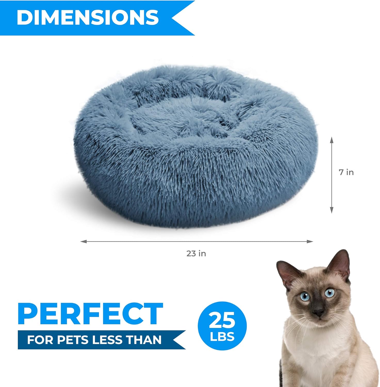Whiskers & Friends Cat Dog Bed Calming Soft Plush Faux Fur Shag Donut Comfort Cuddler Improve Sleep - Up to 25 Pounds - Gentle Delicate Wash, Air Delicate Dry (Navy-Gray) : Pet Supplies