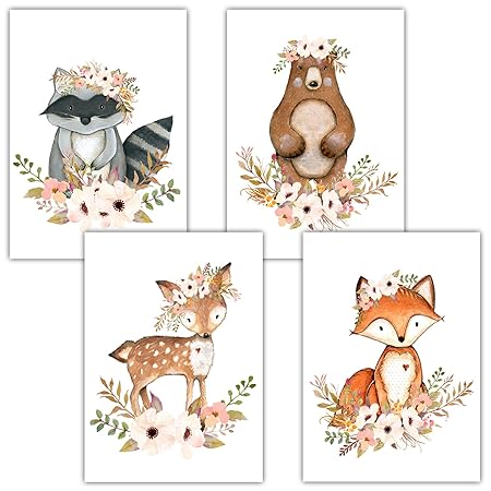 Frechdax® 4er Set Kinderzimmer Babyzimmer Poster Bilder DIN A4 | Mädchen Junge Deko | Dekoration Kinderzimmer | Waldtiere Saf