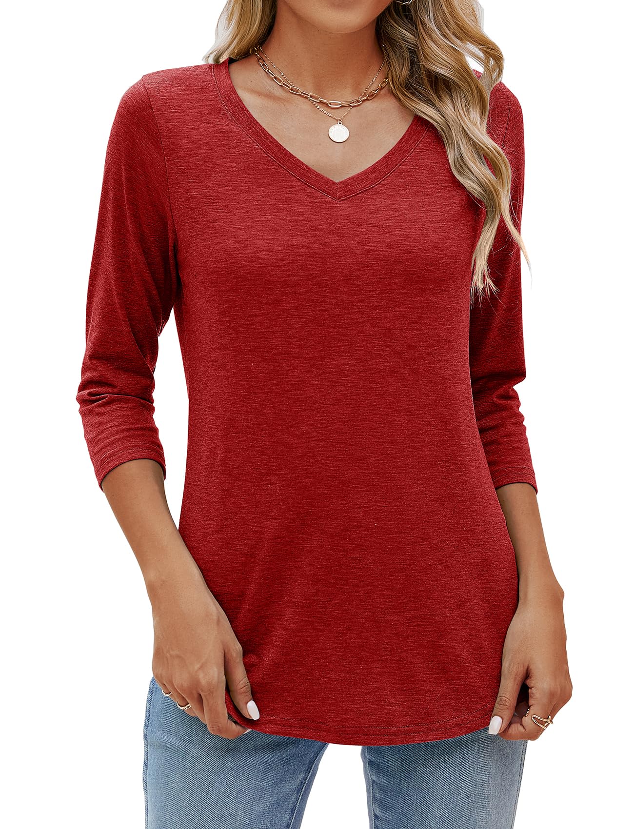 Sherosa Womens 3/4 Sleeve Tops Casual Cotton V Neck