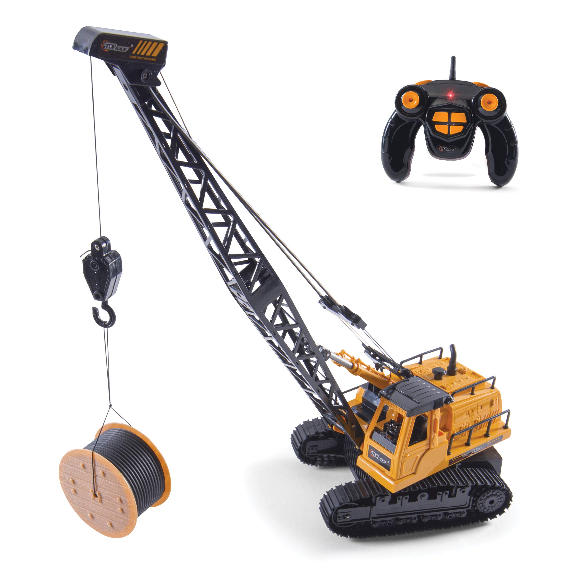 Top Race 12 Channel RC Remote Control Crane Tractor, Battery Powered Radio Control Construction Crane with Lights and Sound. Tr-114, Orangeyellow