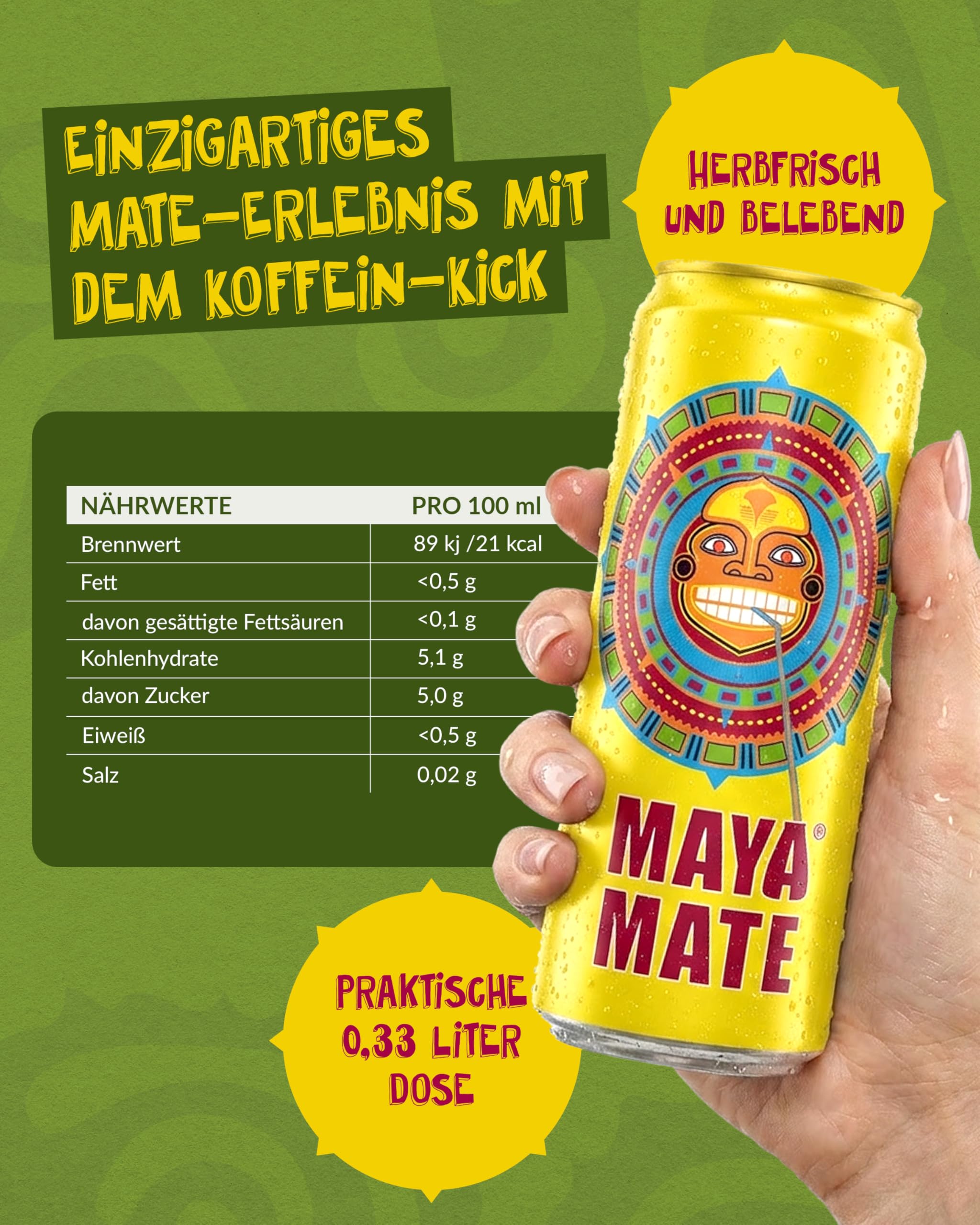 Maya Mate – Mate-Drink natürlicher Energy Drink 24 x 330 ml Dosen – Softdrink mit herb-frischem Mate-Geschmack mit 21,5 mg Koffein pro 100 ml – Belebendes Erfrischungsgetränk im stylischen Design 2