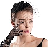 Aethland 20s 50s Pillbox Derby Fascinator Hat Veil Feather Fascinators Hair Clip Wedding Tea Party Hat and Short Lace Gloves for Women Black