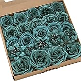 Ling's moment Artificial Flowers Fake Roses Faux Foam Flower Combo for DIY Wedding Bouquets Centerpieces Arrangements Bridal Shower Party Home Decorations, Dark Teal, 24pcs