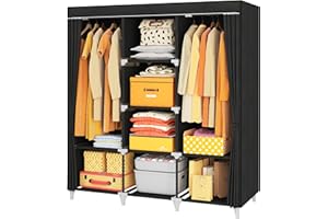 ZVZHM Portable Closet, 53 Inch Wardrobe Closet for Hanging Clothes with 2 Hanging Rods, 8 Storage Organizer Shelves, Non-Woven Fabric, Quick and Easy to Assembly, Black