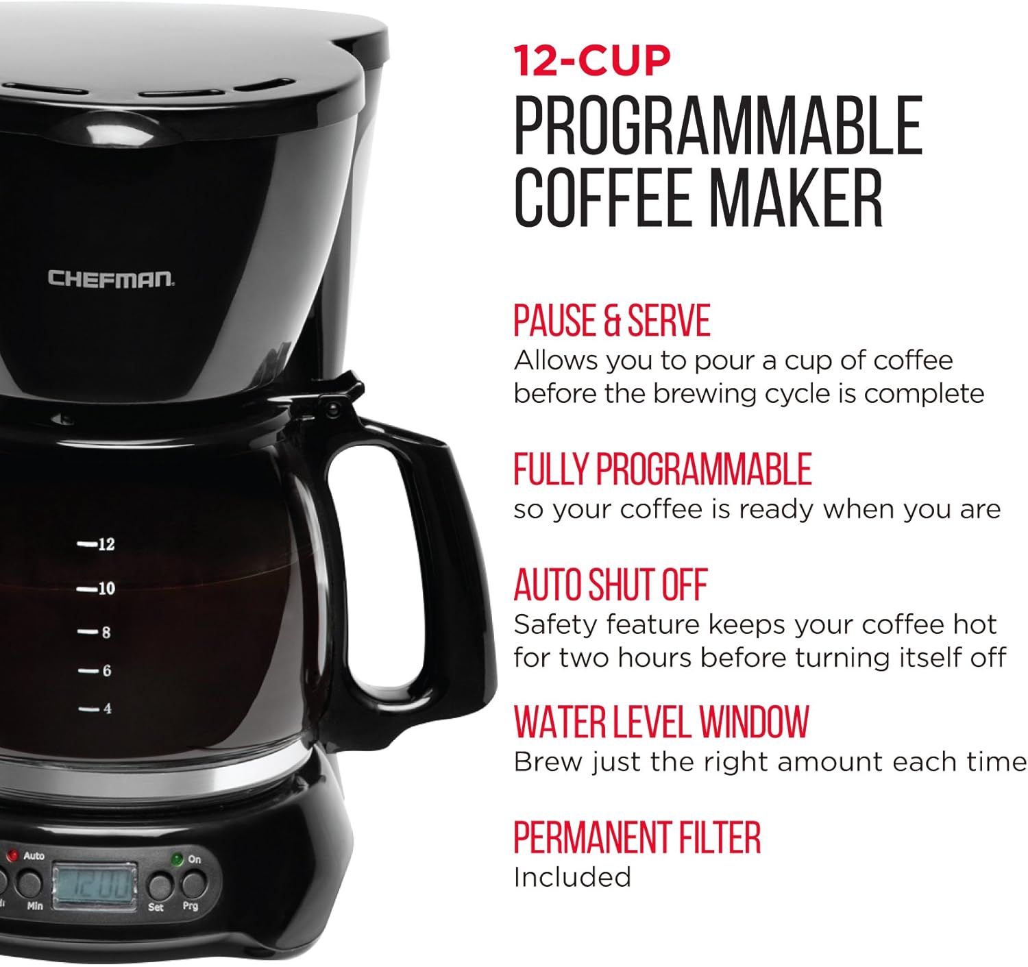 Pause & Serve & Auto Shut Off Safety Features Permanent Filter Chefman