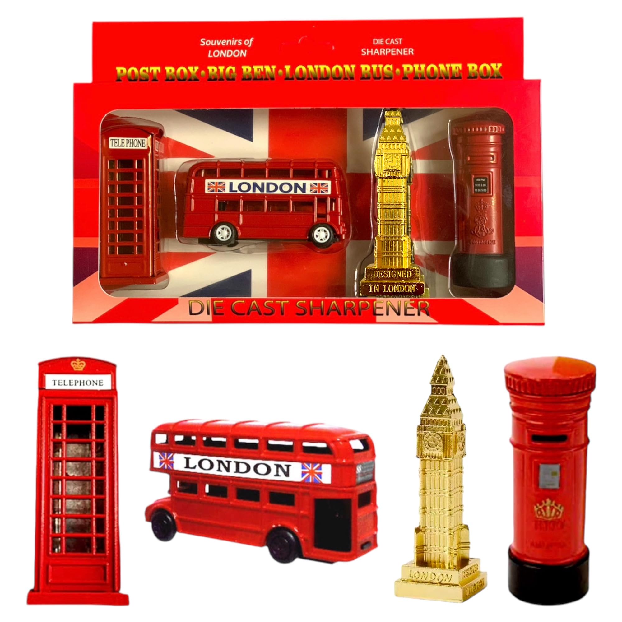 London Souvenir Sharpener Set, Pencil Sharpeners Set of 4 Pieces, British Collectable Die Cast London Famous Icons Sharpeners Set Multicolor