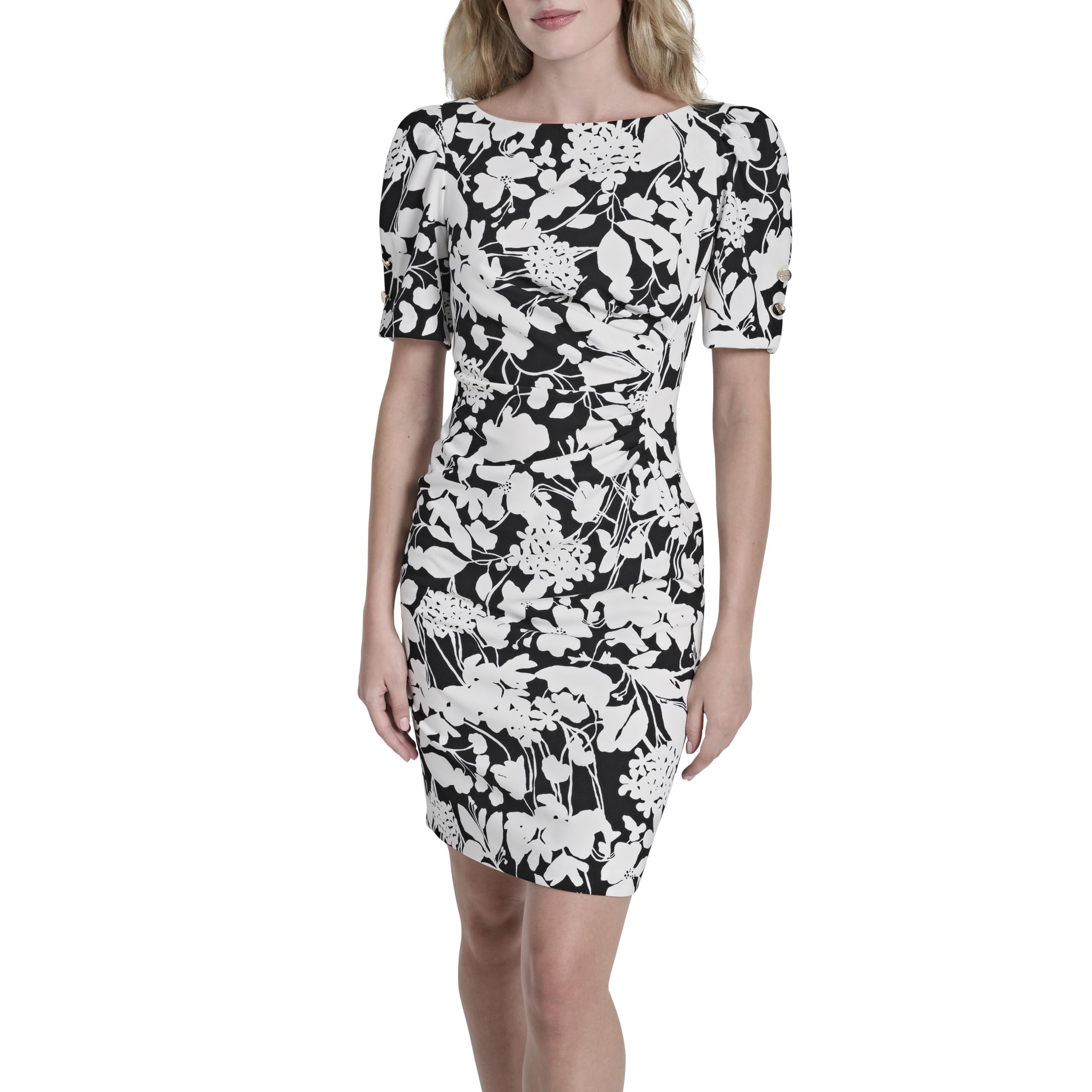 DKNY Women’s Short Sleeve Ruched Knee Length Sheath Dress with Button Detail, Ivory/Black, 8
