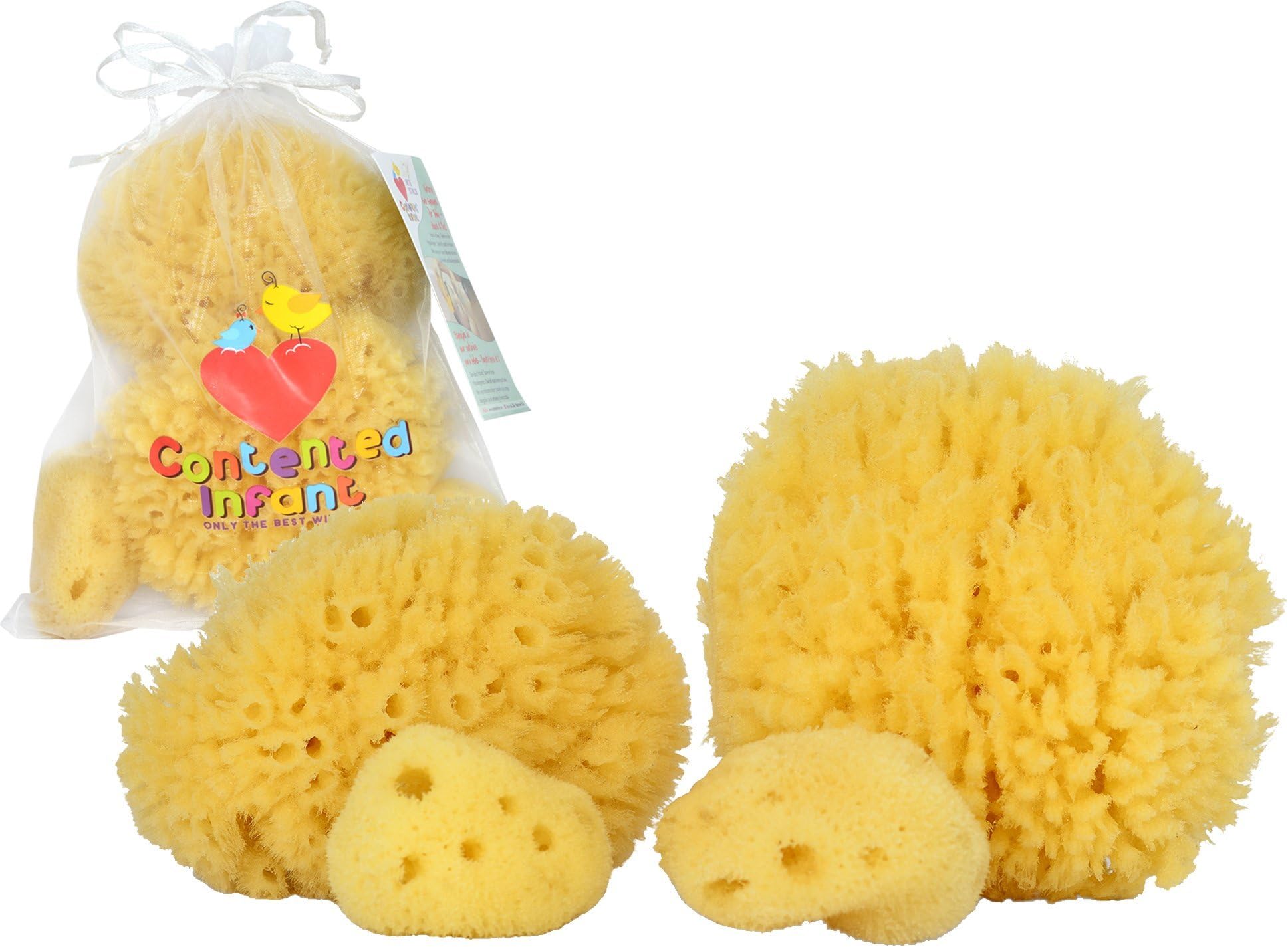 4 Pack Natural Sea Sponge for Baby & Toddler Bath by Contented Infant (TM) - Gentle Hypoallergenic Baby Shower Care Gift Set
