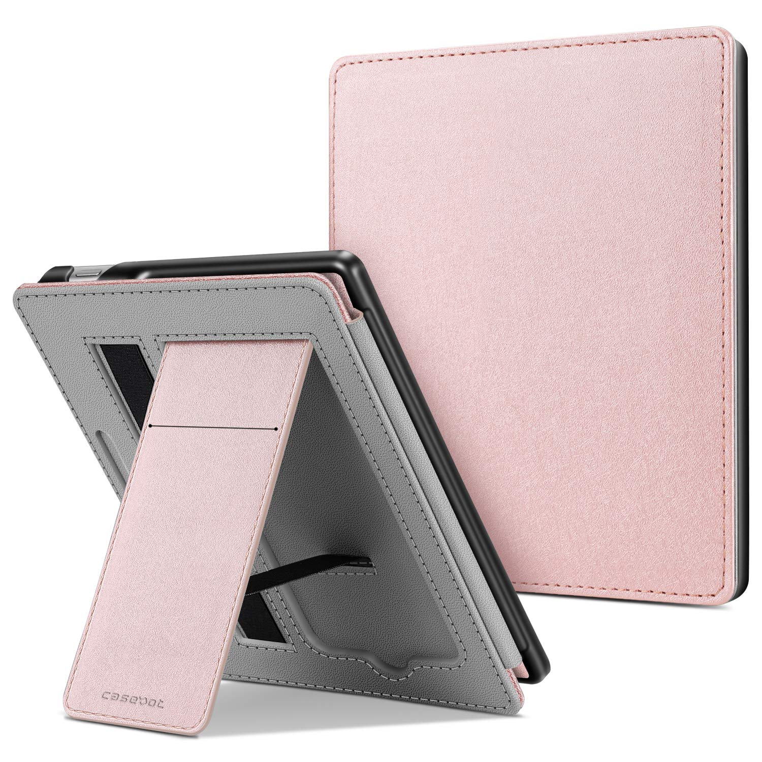 CaseBot Stand Case for Kindle Oasis (10th/9th Generation, 2019/2017 Release) - Premium PU Leather Sleeve Cover with Card Slot and Hand Strap, Rose Gold