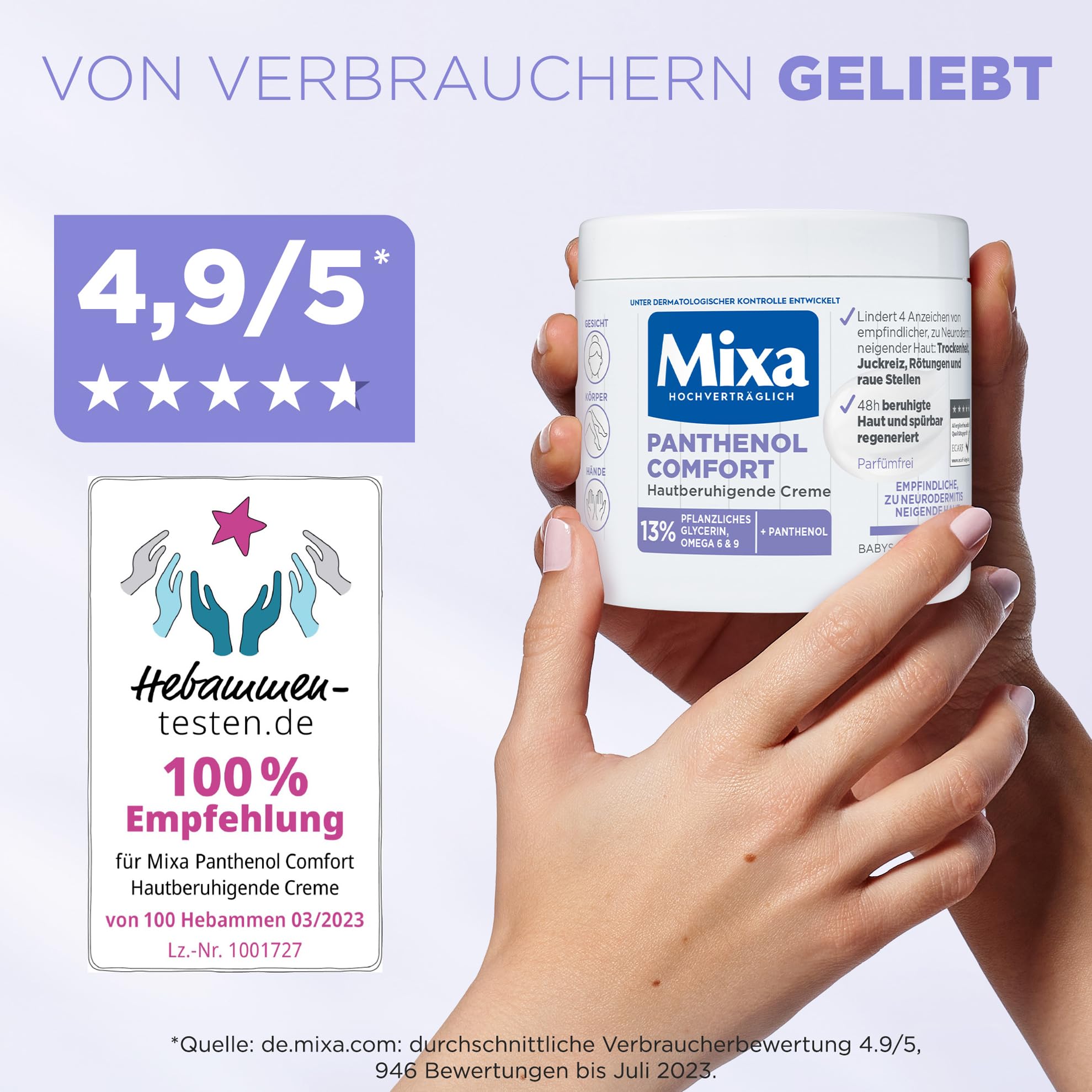 Mixa Panthenol Comfort hautberuhigende Creme, empfindliche & zu Neurodermitis neigende Haut, 13% Panthenol, Glycerin, Omega 6&9, Gesicht/Körper/Hände/Babys/Kinder/Erwachsene, hochverträglich, 400 ml 6