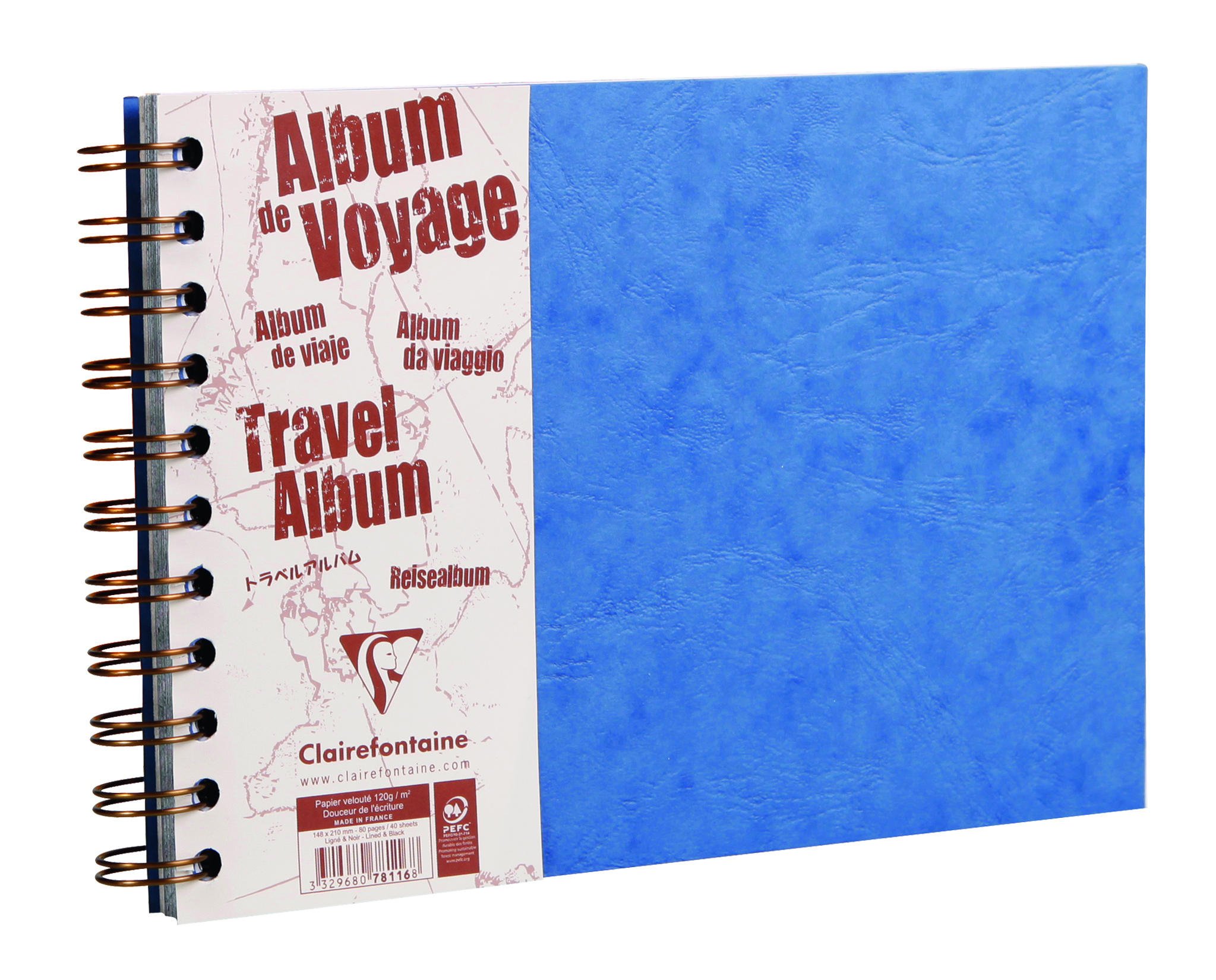 Clairefontaine 781064C Age Bag Collection Blue Spiral Travel Album - A4 29.7x21cm - 80 Pages - White 120g Lined + Black Grain Paper 160g - Cover Leather Grain