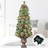 Gfialy 4ft Porch Christmas Tree,Mixed Pine Potted Christmas Tree for Front Porch with Berry Clusters and 100 Clear LED Lights Decorations Outdoor（Battery Box）