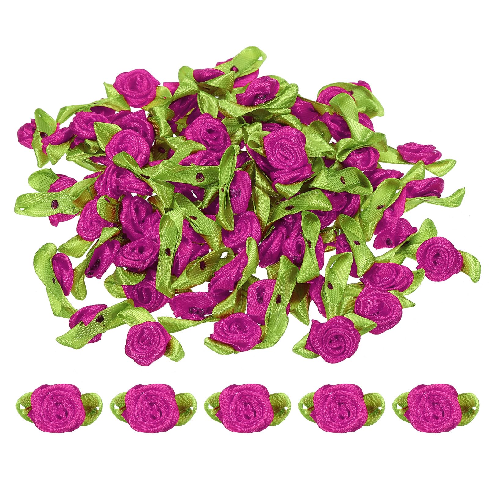 PATIKIL Mini Ribbon Roses, 100 Pcs Tiny Satin Fabric Flowers with Green Leaves Embellishments Rosettes Applique for DIY Crafts Sewing Wedding,Rose Red