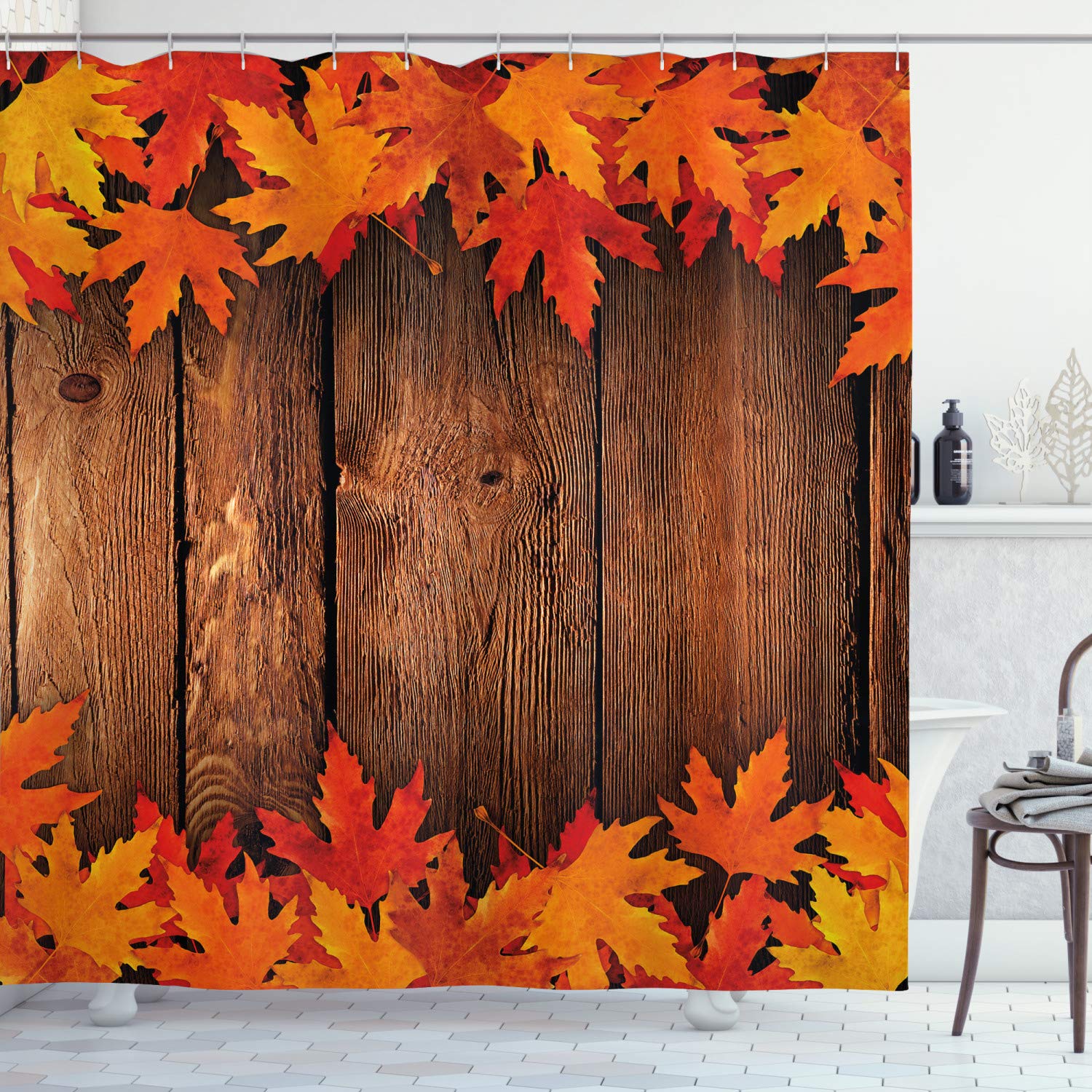 ABAKUHAUS Fall Shower Curtain, Dry Leaves Poured onto Wooden Board Cabin Cottage Rustic Country Life Theme Print, Cloth Fabric Bathroom Decor Set with Hooks, 78" Inches, Orange Brown