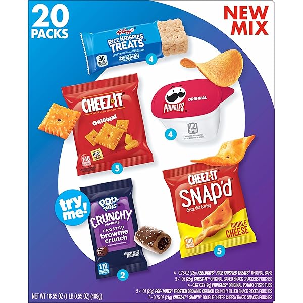 CHEEZ-IT, RICE KRISPIES TREATS, PRINGLES, CHEEZ-IT SNAP’D, POP-TARTS CRUNCHY POPPERS, KIDS SNACKS, SWEET AND SALTY VARIETY PACK (20 PACKS)