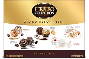 FERRERO ROCHER Ferrero Collection Grand Assortment, Hazelnut, Dark, Coconut, Almond, Cappuccino, Holiday Gift Box, 24 Count, 8.7 oz