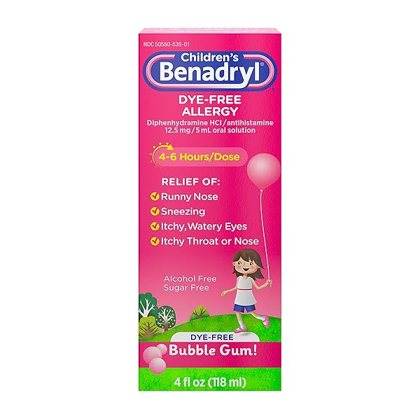 CHILDREN’S BENADRYL DYE-FREE ALLERGY RELIEF LIQUID + 12.5 MG DIPHENHYDRAMINE HCL, ANTIHISTAMINE ALLERGY MEDICINE FOR KIDS HELPS RELIEVE RUNNY NOSE & SNEEZING, BUBBLE GUM FLAVOR, 4 FL. OZ