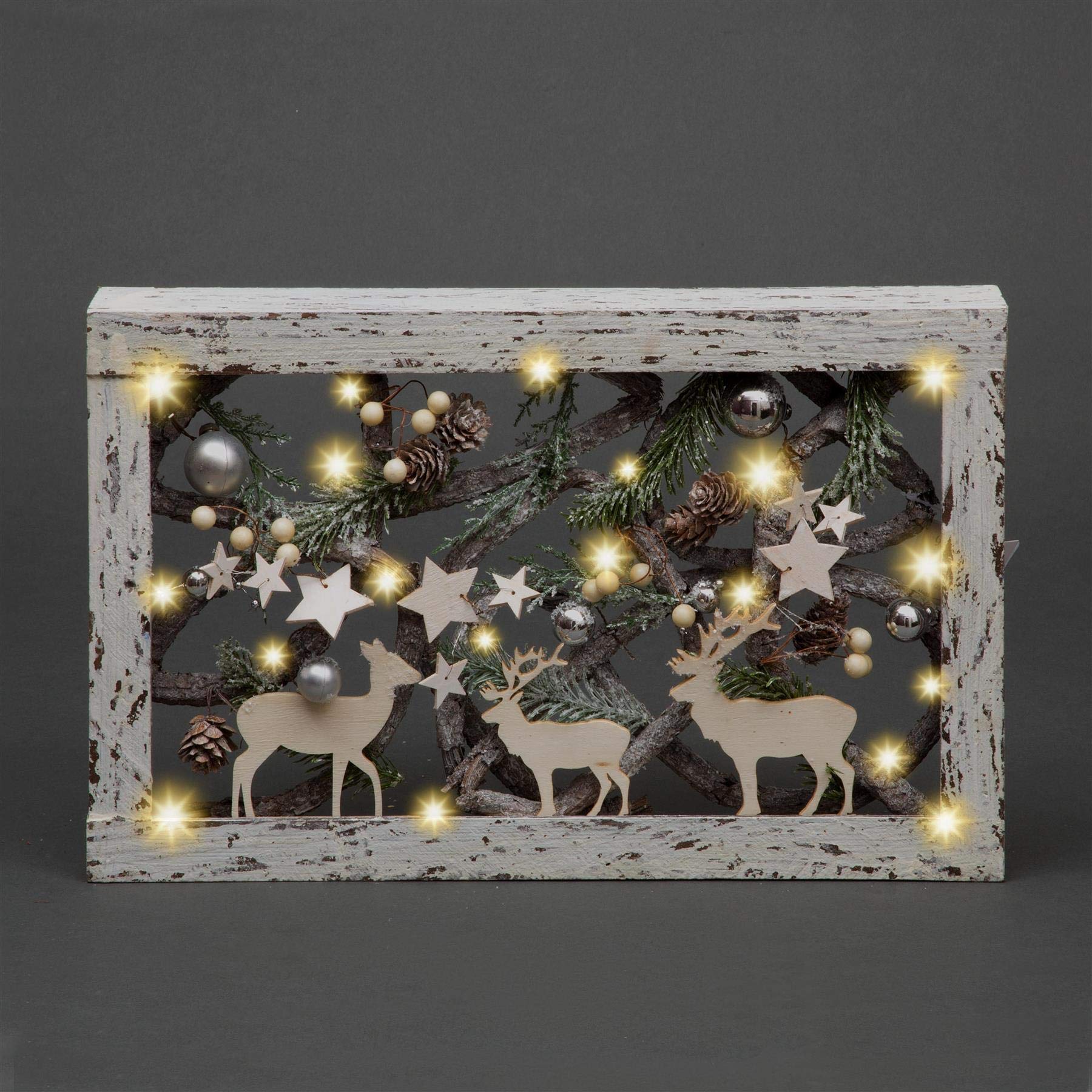 40cm Christmas Pre-Lit Wooden Warm White LED Rectangular Frame Tabletop Centrepiece Decoration with Pinecones and Baubles Holiday Home Décor