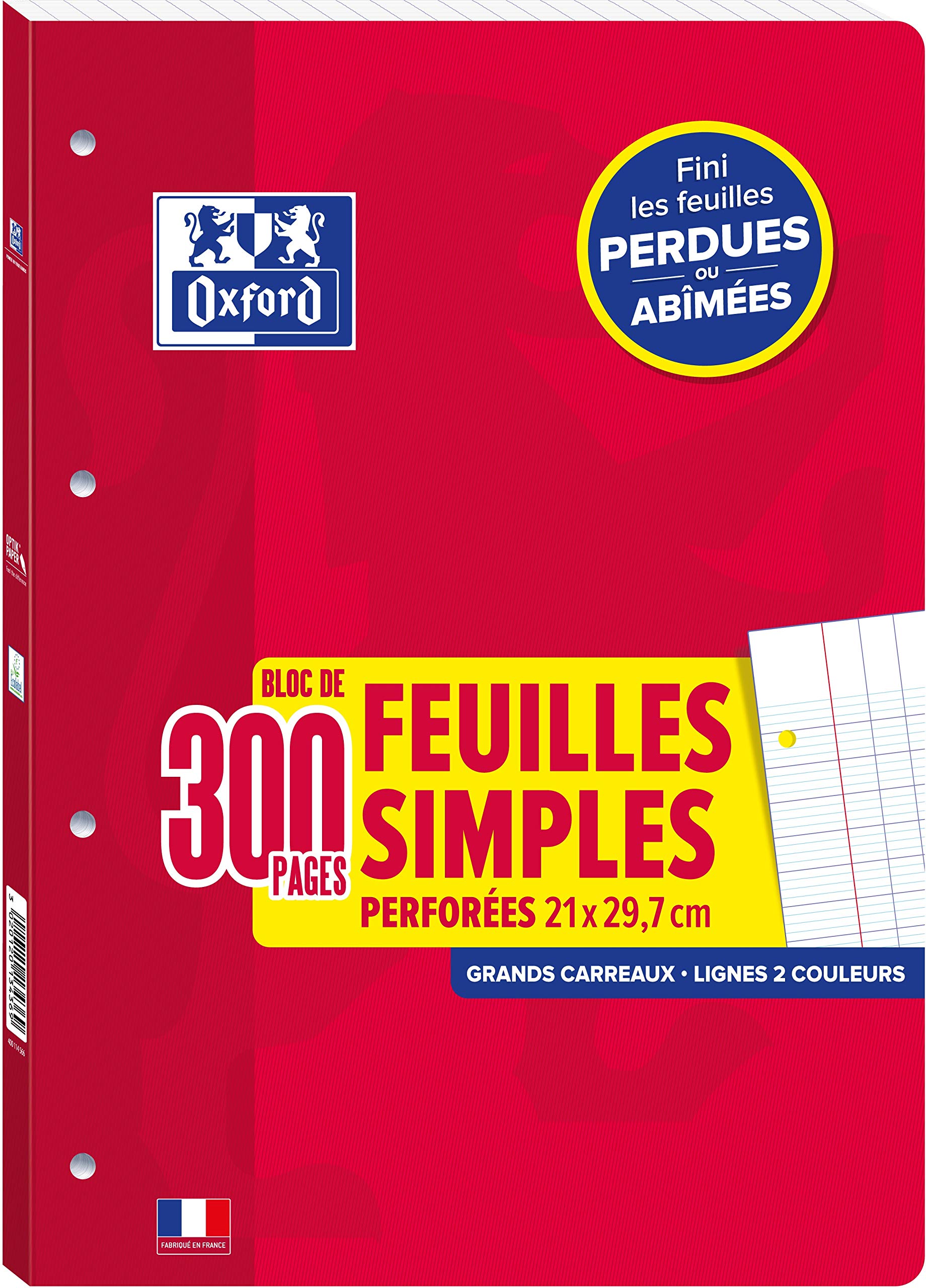 OXFORD Pack of 300 A4 Sheets (21 x 29.7 cm) Detachable and Perforated Large Squares Seyès + Protective Cover