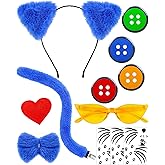 12 Pcs Blue Cat Costume Set Cat Ears Headband and Tail Bowtie Costume Accessories with Sunglasses Button and Heart Shape Pin for Read Book Day Dress Up Halloween Party Cosplay Costume