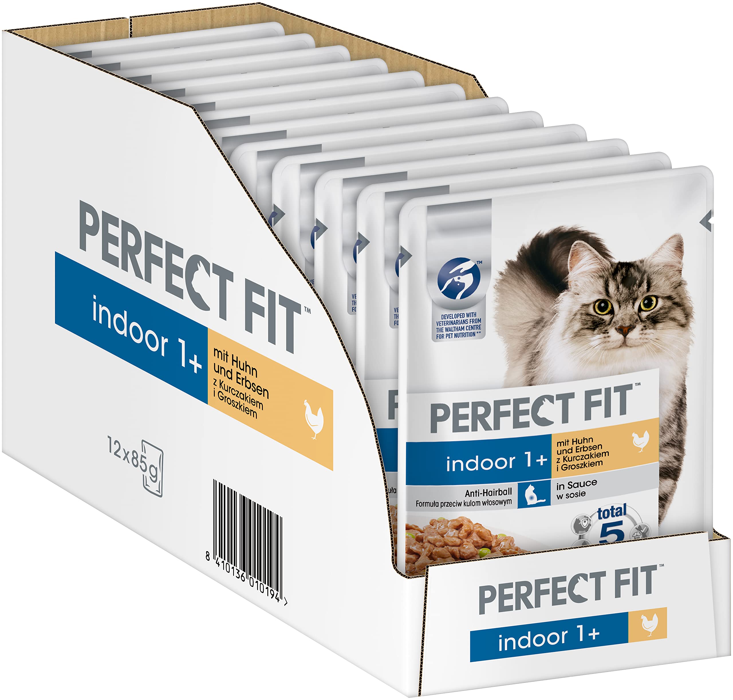 PERFECT FIT Indoor 1+ - Wet Food for Adult House Cats from 1 Year - Chicken and Peas in Sauce - Supports Vitality - 12 x 85g