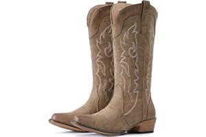 IUV Cowboy Boots for Women Mid Calf Fashion Cowgirl Boots with Embroidery Western Snip Toe