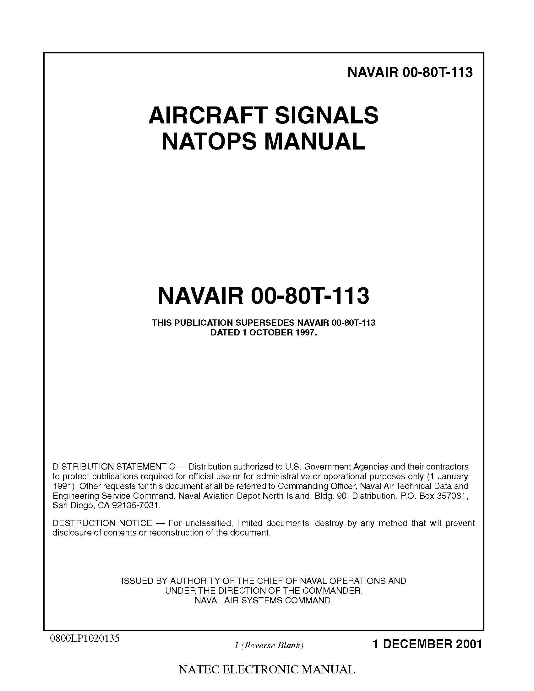 NAVAIR 00-80T-113 Aircraft Signals NATOPS Manual [Loose Leaf Edition] Loose  Leaf – 2001