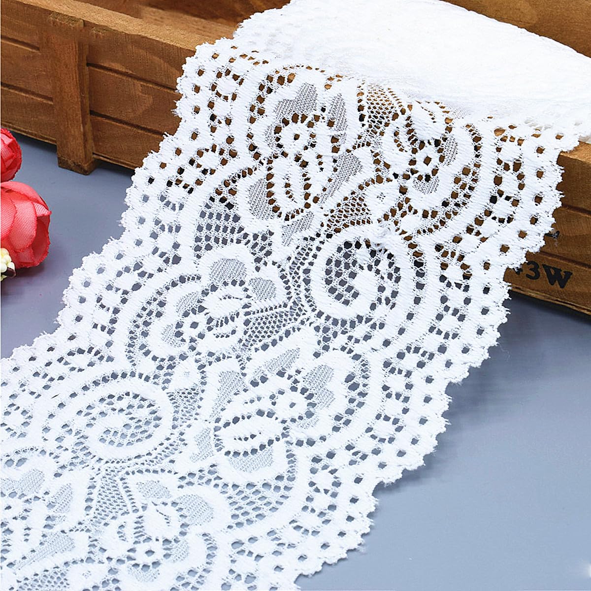 Michear 5 Yards White Lace Ribbon 10CM Wide Vintage Floral Pattern Lace Trim Elastic Lace Trimming for Sewing Dressmaking,Sewing,Gift Wrapping, Bridal Wedding Decorations (White)