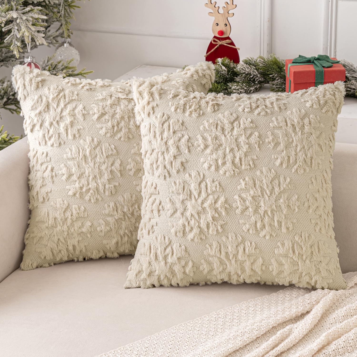 MIULEE Christmas Cushion Covers Pack of 2 Embroidery Fluffy Soft Faux Fur Decorative Throw Pillow Cover Decoration for Sofa Bedroom,18 x 18 Inches,Round Snowflake Pattern,Beige