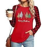 ELDPS Christmas Shirts for Women: Merry Christmas Shirt Xmas Tree Tshirt Holiday Long Sleeve Plaid Tops Blouse