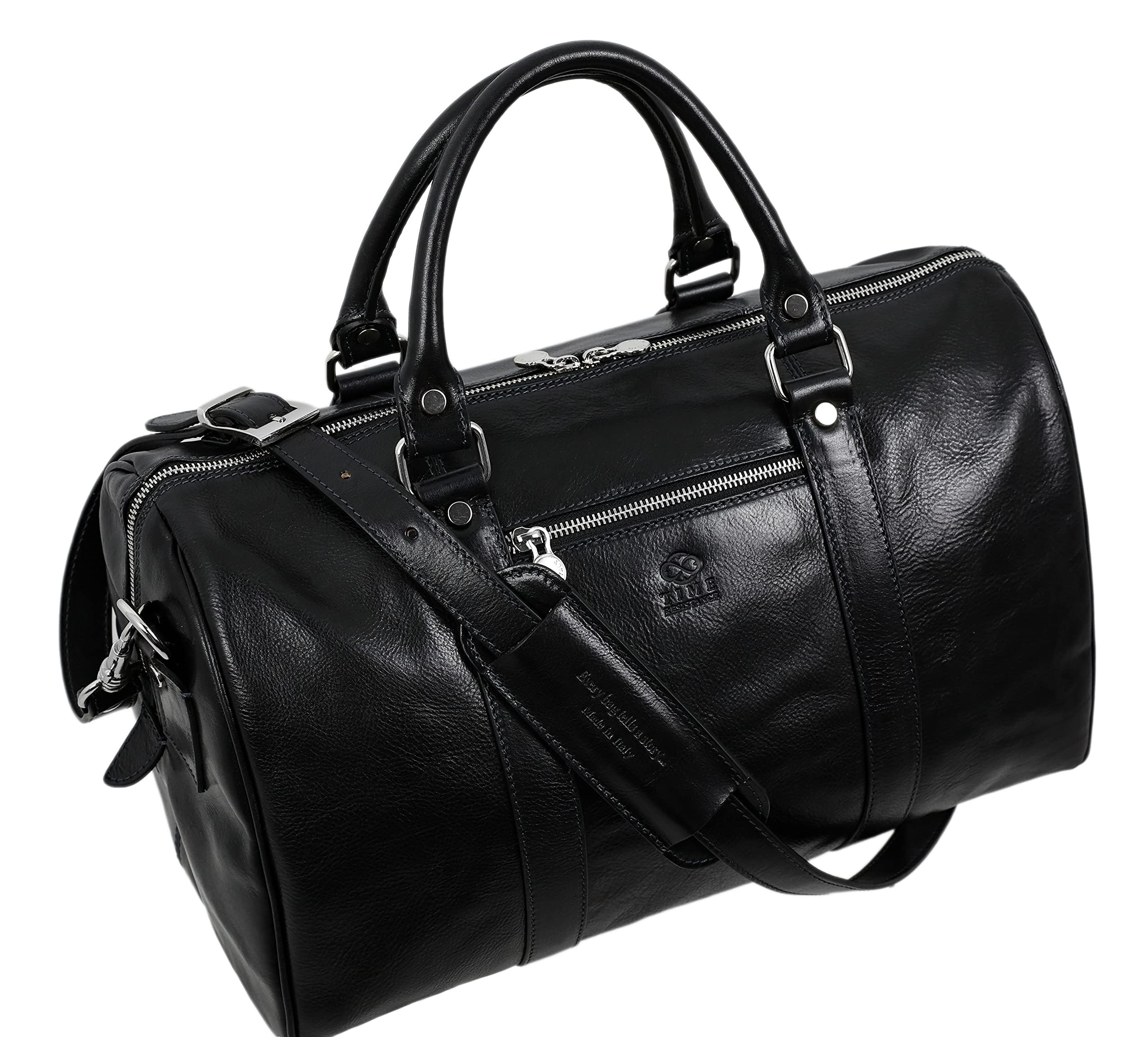Time Resistance Leather Duffel Bag - Overnight Weekender Full-Grain Leather (Black)