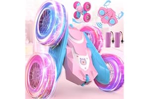 NQD® Remote Control Car for Girls, Pink RC Cars Double-Sided 360° Spin with Flashing Wheel Lights 2 Batteries, 2.4 GHz Rechargeable RC Stunt Car Toy for 4 5 6 7 8 9 10 11 +Year Old Girl Birthday Gifts