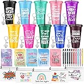 Funnymoom 50 Pcs Teacher Appreciation Gift for Women 24 oz Thank You Plastic Tumbler with Inspirational Notepads Ballpoint Pens Makeup Bag Keychain Xmas Gifts for Principals Professors Staff