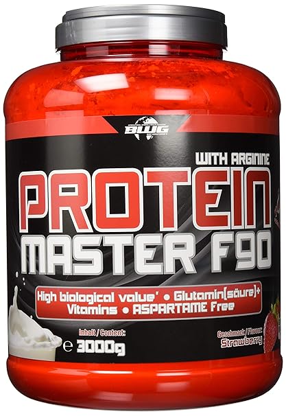 BWG Protein Master F90, Eiweißshake mit BCAA`S und Glutamin, Muskelaufbauphase, Deluxe Proteinshake Strawberry, Dose mit Dosierlöffel, Muscle Line, 1er Pack (1 x 3000g)