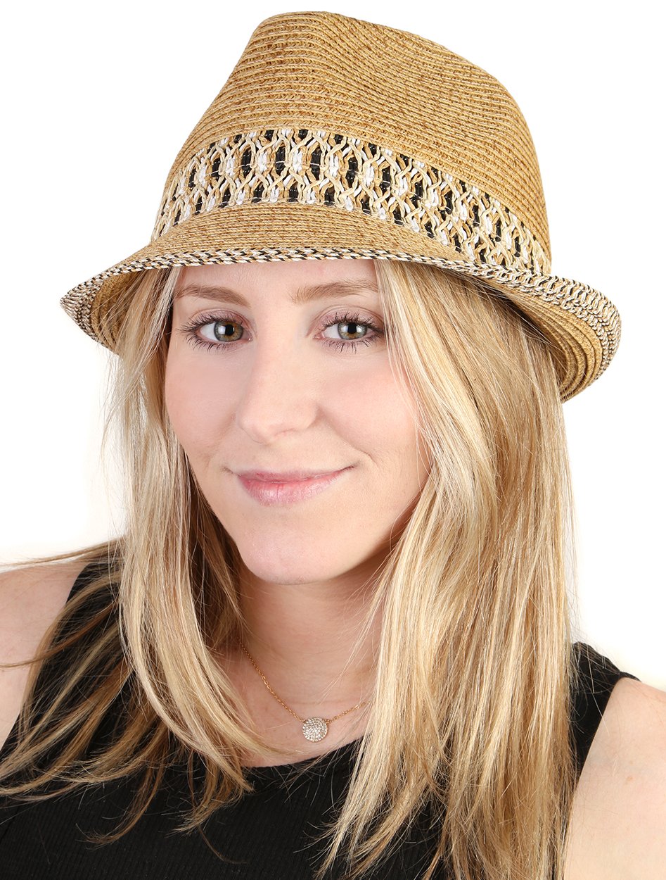 Funky Junque UPF50+ Womens Adjustable Multicolor Woven Pattern Short Brim Fedora Hat Beachwear