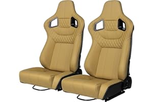 SEHAONOHOME Automotive Updated Racing Sports Seats for Cars, 2PCS Universal PVC Leather Reclinable Racing Bucket Seats with Dual Sliders, Beige with Beige Stitching