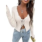 SHENHE Women's Ruffle Cardigans Sweater Y2k Tie Front Long SleeveCable Knit Crop Sweater Bolero