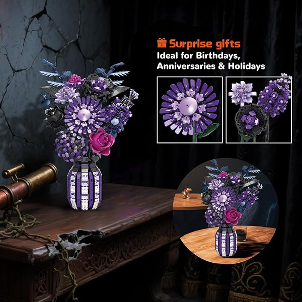 BRIXVIBE FLOWERS BUILDING SET COMPATIBLE WITH LEGO FLOWERS, PURPLE BOUQUET PLANT WITH VASE BOTANICAL COLLECTION FOR ADULTS & WOMEN & GIRL 14+