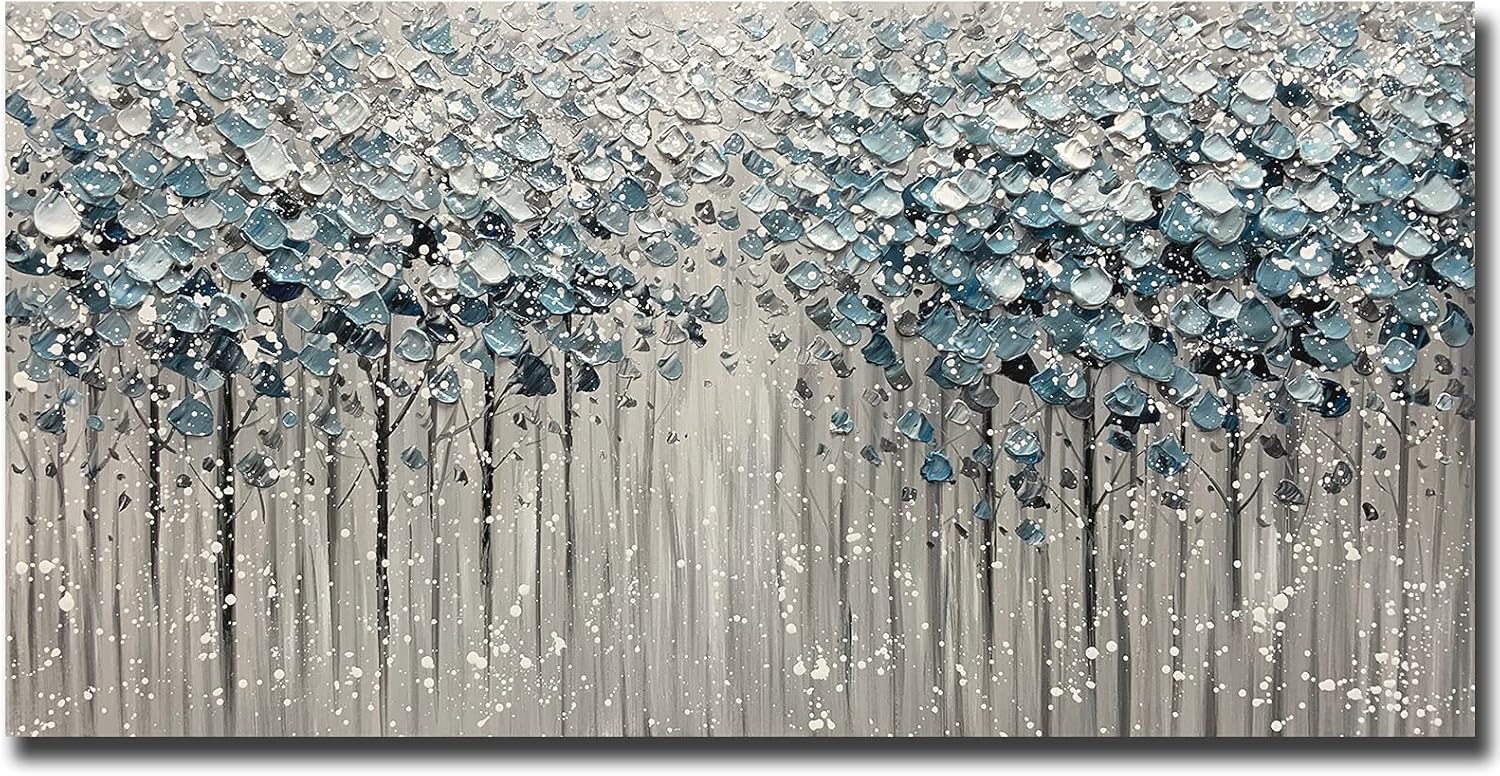 Paintings - Yotree Paintings - 24x48 Inch 3D Oil Paintings on Canvas Blue Forest Heavy Texture Acrylic Painting Wall Art Wall Decoration Wood Inside Framed Hanging Ready to Hang