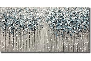 Yotree Paintings - 24x48 Inch 3D Oil Paintings on Canvas Blue Forest Heavy Texture Acrylic Painting Wall Art Wall Decoration Wood Inside Framed Hanging Ready to Hang